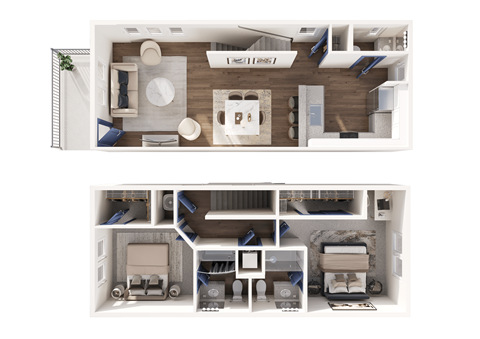 Floor plan for 2 beds, 2.5 baths, 1293 sqft